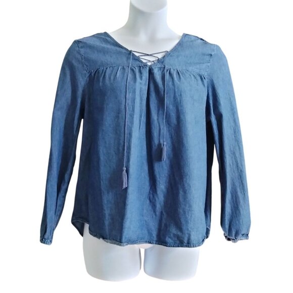 Faded Glory Womens Denim Blue Boho Style Lace-Up Long Sleeve Top Size XXL (20) - Picture 2 of 6